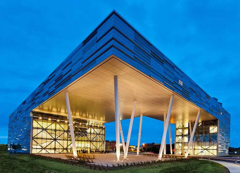 The Rutgers Business School building on the Livingston campus in Piscataway, at dusk